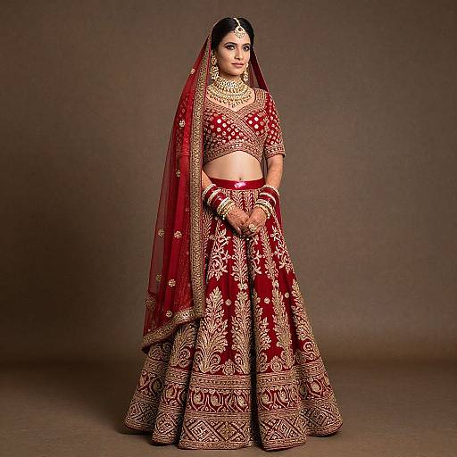 Photograph of a South Asian woman in traditional red and gold bridal attire, including a heavily embroidered lehenga, dupatta, and choli, standing