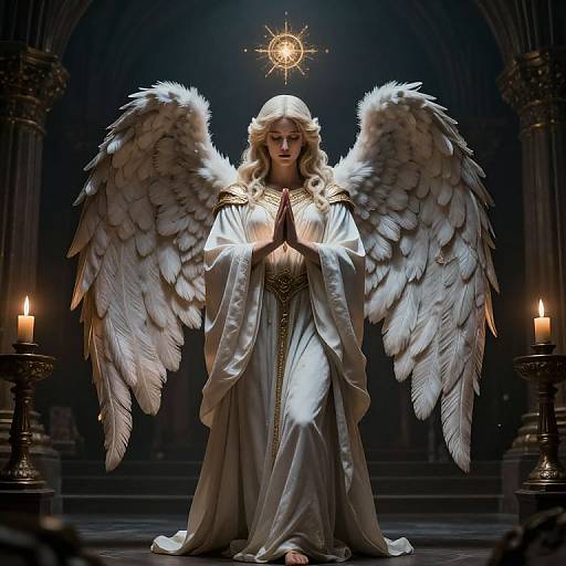 Digital artwork of a serene angelic woman with large white wings, in a white robe, praying with hands together, candles flanking her, golden halo