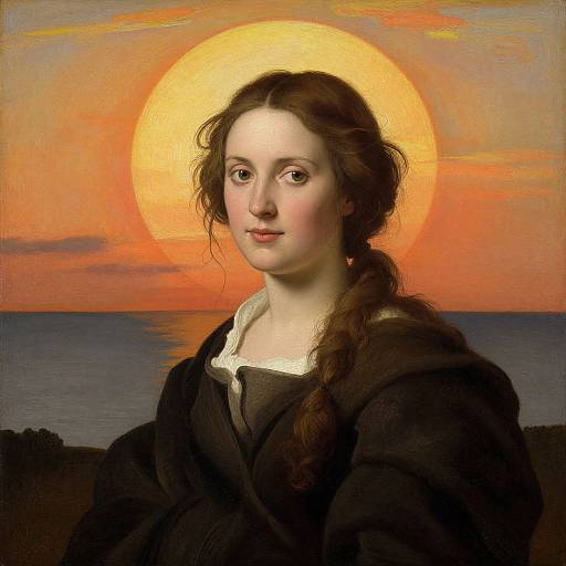 Portrait of young woman with fair skin, brown hair in braid, wearing dark clothing, set against a vibrant orange sunset and sea. Classical painting style