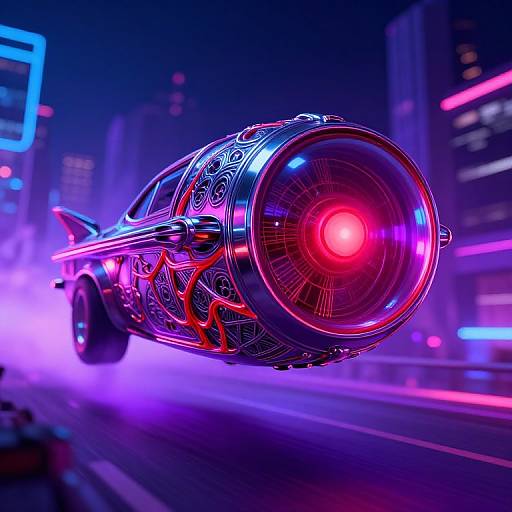 Neon-lit, futuristic car with a large, red, circular light at the front, speeding through a vibrant, cyberpunk cityscape at night