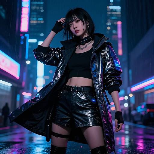 Cyberpunk street scene photograph: Asian woman with black bob, wearing shiny black coat, crop top, and shorts, standing in neon-lit rainy