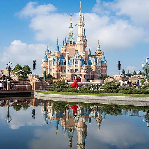 Photograph of a colorful, fairytale-style castle with blue spires, reflected in a calm moat, under a bright blue sky with fluffy