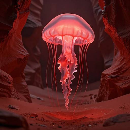 Photorealistic digital art of a glowing red jellyfish floating in a dark, rocky, desert-like canyon with red sand and jagged rock formations.