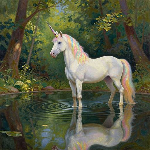 Digital painting of a white unicorn with multicolored mane and tail, standing in a serene forest pond, creating ripples and reflections.