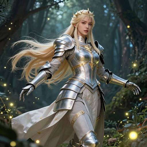 Digital artwork of a blonde, fair-skinned, armored female warrior with a golden crown, standing in a mystical forest surrounded by glowing fireflies.