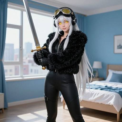 Photorealistic anime-style woman with long white hair, yellow eyes, black fur jacket, black leather pants, holding sword, in bright blue bedroom.