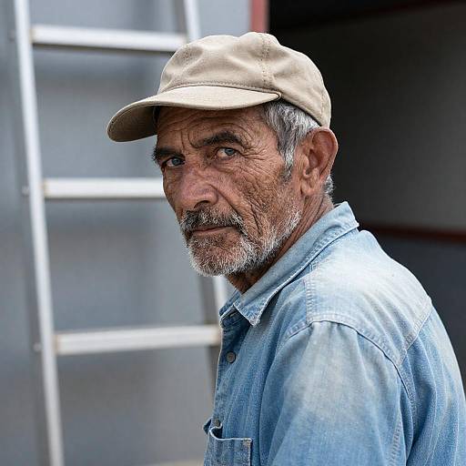 Serious Elderly Man in Denim Shirt