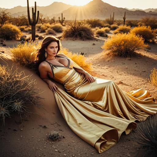 Glamorous Model in Golden Dress in Desert