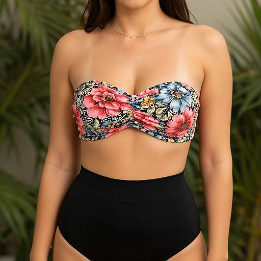 Photograph of a woman wearing a colorful floral bandeau top and high-waisted black bikini bottoms, with long dark hair and a neutral background of