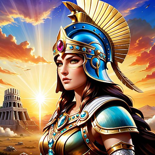 Female Warrior in Ancient Helm and Armor