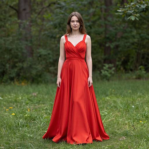 Photograph of a young woman with long brown hair, wearing a vibrant red, V-neck, floor-length gown, standing in a lush green forest clearing