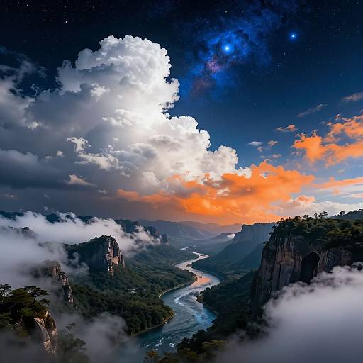 Photograph of a dramatic landscape with a winding river, towering cliffs, vibrant orange clouds, and a starry night sky.