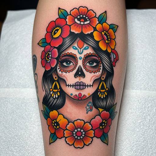 Vibrant tattoo of a Day of the Dead face with black hair, colorful flowers, and ornate skull on a human arm.