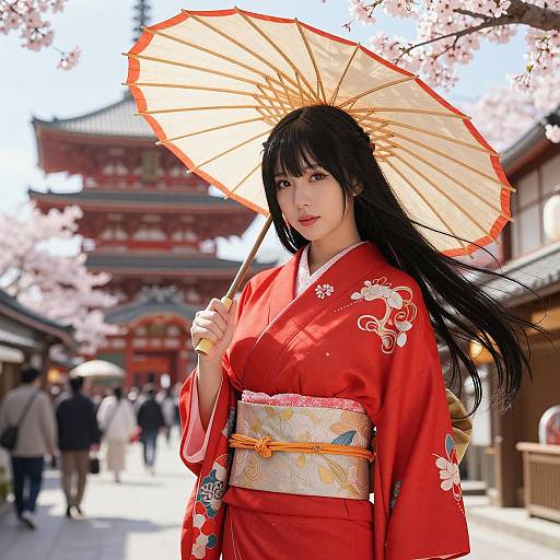 Photograph of an Asian woman in a red kimono with white floral patterns, holding a beige parasol with red trim, standing in a cherry blossom