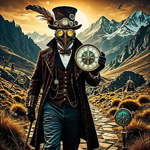 Mystical Steampunk Historian in Surreal Landscape