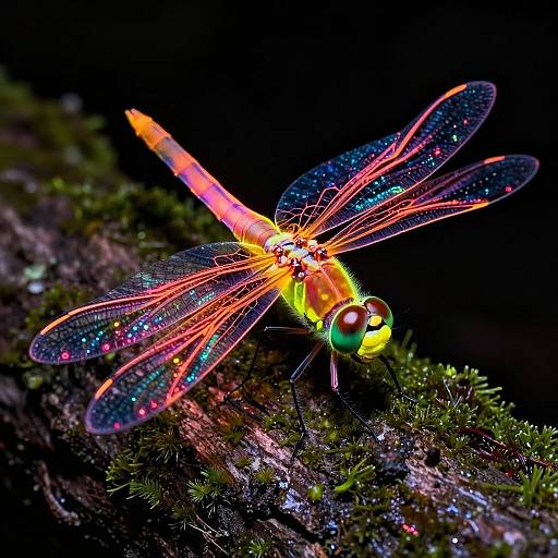 Vibrant photograph of a neon-colored dragonfly with iridescent wings, perched on green moss against a dark background. The dragonfly's
