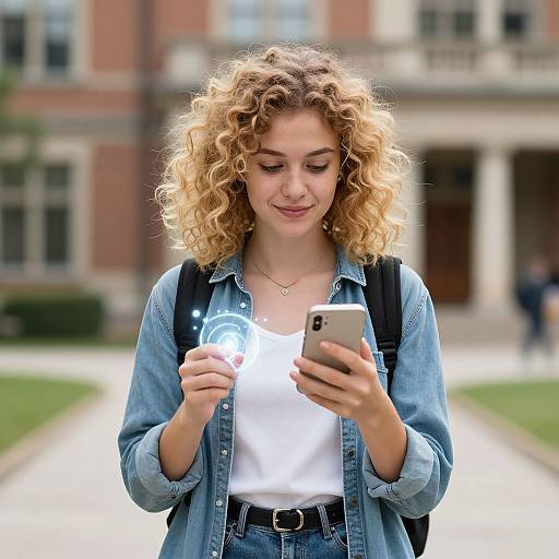 Photograph of a curly-haired woman with fair skin, wearing a denim shirt and white tank top, using a smartphone, holding a flash, standing in