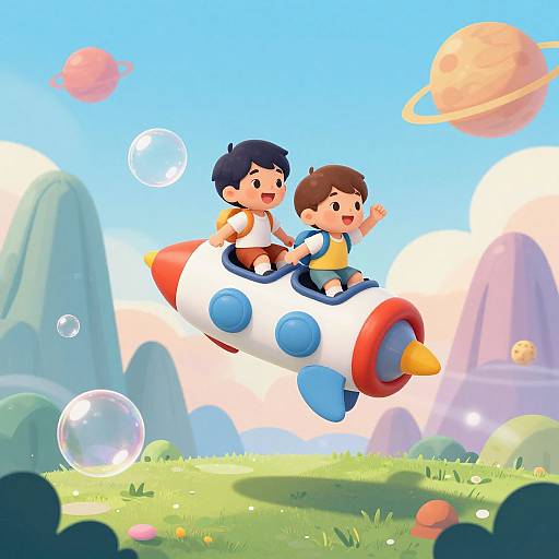 Digital illustration of two cute, smiling boys in a white rocket ship with blue and red accents, flying over a colorful, whimsical landscape with bubbles,