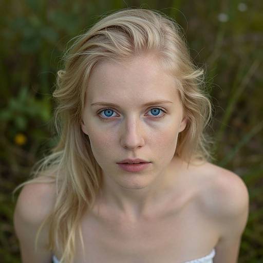 Photograph of a young, fair-skinned woman with striking blue eyes, blonde hair, and freckles, looking directly at the camera, wearing