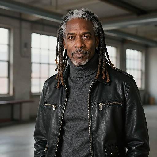Photograph of a middle-aged Black man with gray dreadlocks and a black leather jacket over a gray turtleneck, standing in a brightly lit,
