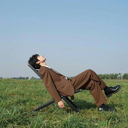 Man Relaxing on Chaise Lounge in Field