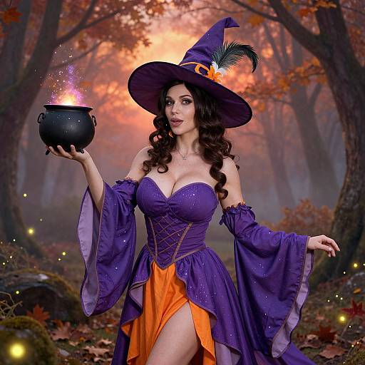 Vibrant Witch Costume in Misty Forest