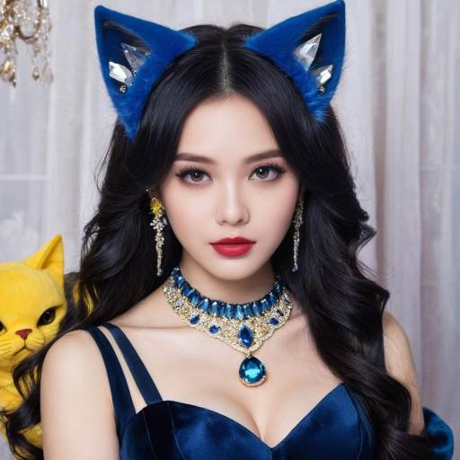 Elegant Woman in Blue Cat Ear Headband and Jewelry