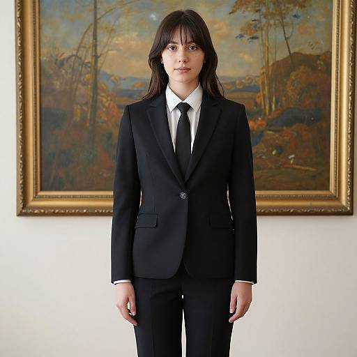 Photograph of a serious, dark-haired woman in a black suit and tie standing in front of a framed, impressionist landscape painting.