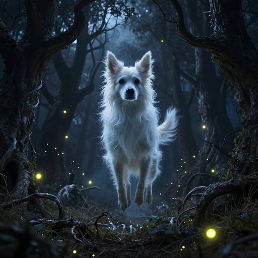 Digital artwork of a glowing white dog with fluffy fur, mid-jump in a dark, enchanted forest with floating yellow fireflies.