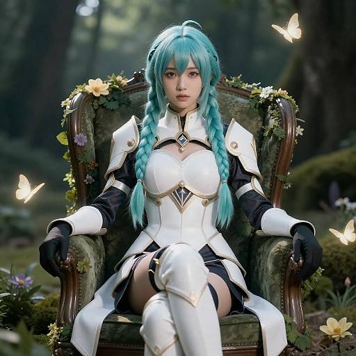 Cosplay Woman in White Armor with Aqua Hair in Forest