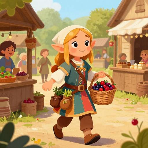 Cartoon elf with blonde hair, green tunic, and white headband, holding basket of berries, walking through sunny village market.