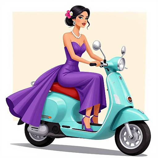 Digital illustration of a stylish woman with dark hair in a purple dress and pink flower, riding a light blue scooter.