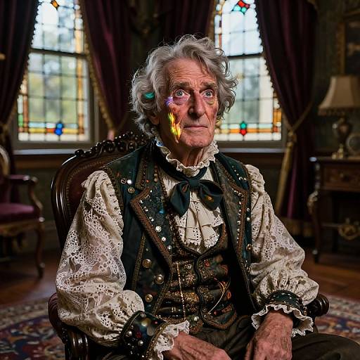 Photograph of an elderly woman with white hair, wearing vintage Victorian attire, sitting in a dimly lit room with stained glass windows, a colorful light