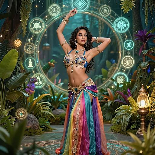 Digital fantasy artwork of a dark-haired woman in a colorful, jeweled belly dance outfit, posing in a glowing, jungle-like setting with mystical symbols.