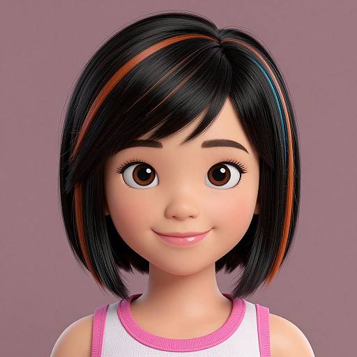 CGI portrait of a smiling Asian girl with large brown eyes, black bob with orange highlights, wearing a pink-trimmed white tank top against a