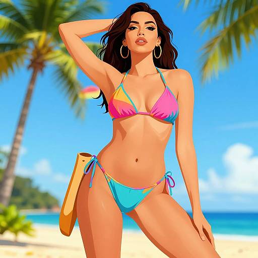 Digital illustration of a confident, tan-skinned woman with long black hair, wearing a colorful bikini, holding a surfboard on a sunny beach with palm
