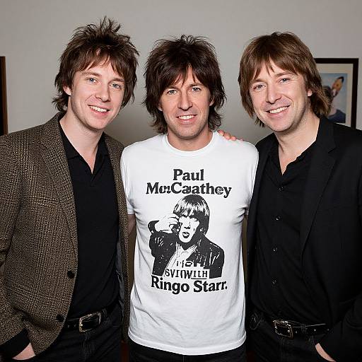 Photograph of three smiling men, two in black shirts and one in white Paul McCartney Ringo Starr t-shirt, standing close together.