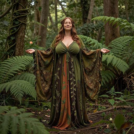 Photograph of a fair-skinned woman with long brown hair, wearing a green, intricately patterned, deep V-neck dress, standing in a