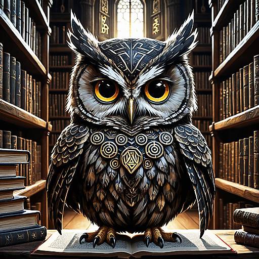 Owl Scholar in Ancient Library