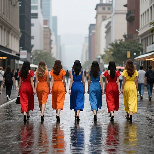 Photograph of five women in colorful dresses (red, orange, blue, blue, yellow) walking away on a wet, reflective city street.