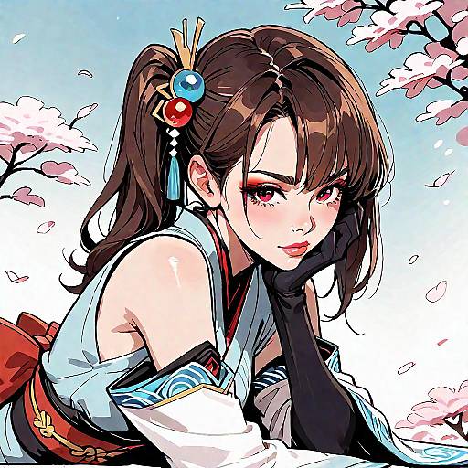 Anime Girl in Kimono with Cherry Blossoms