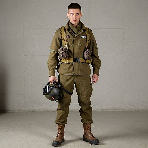 Photograph of a serious, young male soldier with short dark hair, wearing olive green uniform, brown boots, holding black helmet, against gray concrete wall