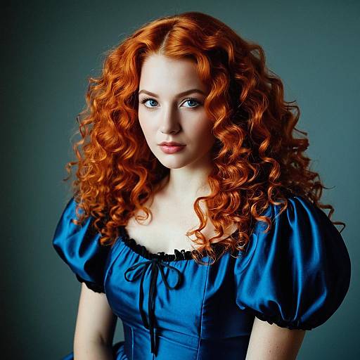 Red-haired woman in blue puff sleeve dress