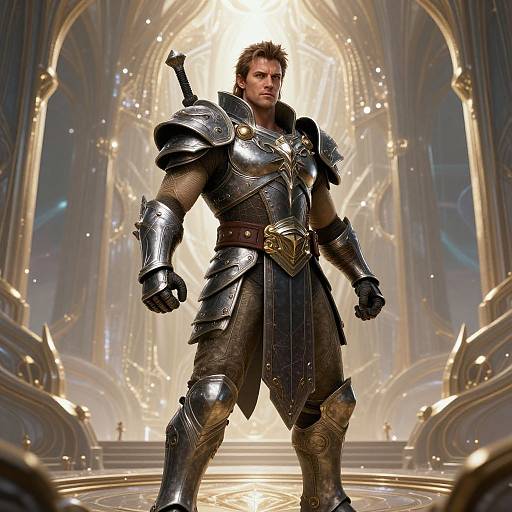 Photorealistic CGI of a muscular man in elaborate silver armor standing in a grand, glowing, cathedral-like hall with golden arches.
