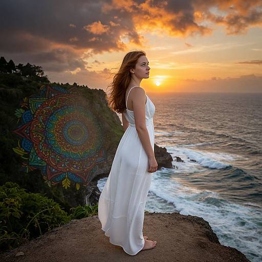 Young woman in white sundress stands barefoot on cliff at sunset, ocean waves below, vibrant mandala pattern on distant cliffside.