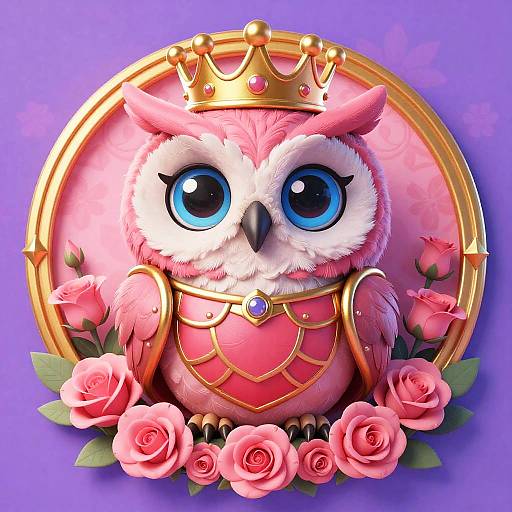 Whimsical Crowned Owl in Floral Frame
