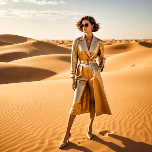 Fashion Model in Gold Trench Coat on Desert Dunes