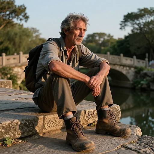 Photograph of a middle-aged man with gray hair and beard, wearing a gray shirt, brown pants, and boots, sitting on a stone ledge,