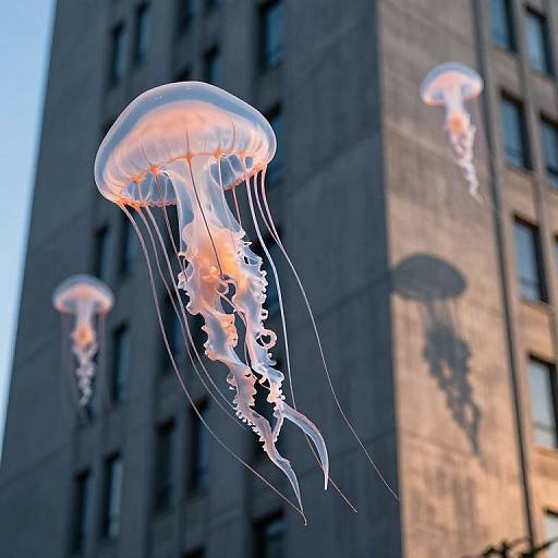 Photograph of three translucent, pink-tinged jellyfish with trailing tentacles floating in front of a tall, dark brick building.