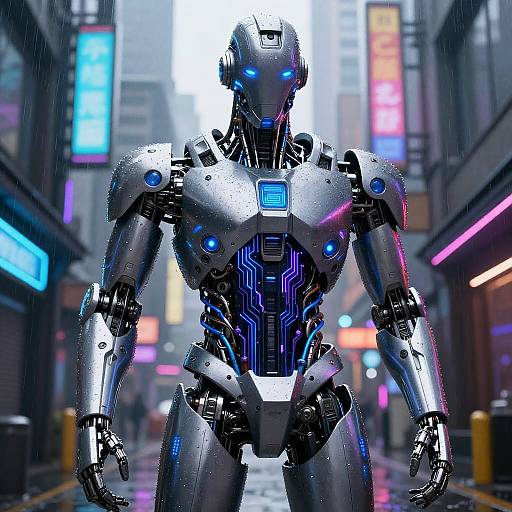 Futuristic Humanoid Robot in Neon-Lit Rainy Alley